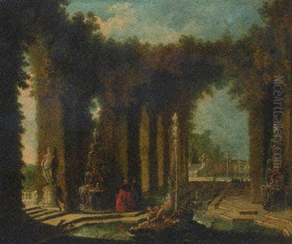 Elegant Figures In An Ornamental Water Garden Oil Painting by Jacques de Lajoue