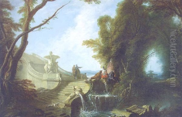 A Elegant Company Seated On A Staircase In A Park With Dogs Playing In The Foreground Oil Painting by Jacques de Lajoue