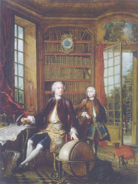 Portrait Of The Artist's Son With His Teacher (the Architect Jean-baptiste De Courtonne The Younger?) In A Library Oil Painting by Jacques de Lajoue