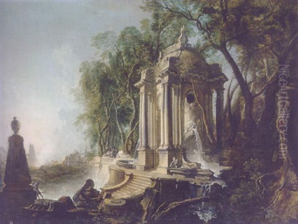 A Wooded Landscape With Marble Pavillion And Fountains, The Sea Beyond Oil Painting by Jacques de Lajoue