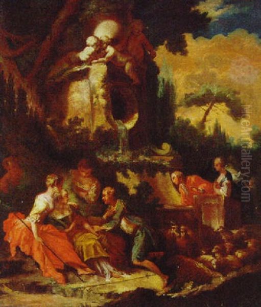 Amorous Shepherds And An Elegant Couple By A Fountain In A Landscape Oil Painting by Jacques de Lajoue