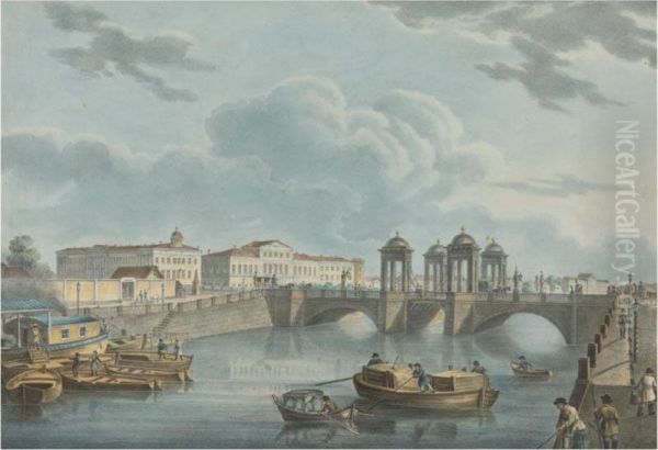 View Of The Fontanka At The Obukhov Bridge (after A Drawing By Y.i. Yesakov) Oil Painting by Karl Petrovich Beggrov