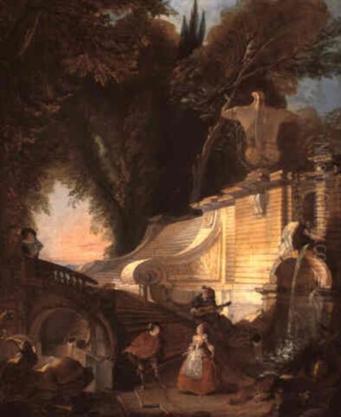 Scene Galante Au Pied D'un Grand Escalier Oil Painting by Jacques de Lajoue