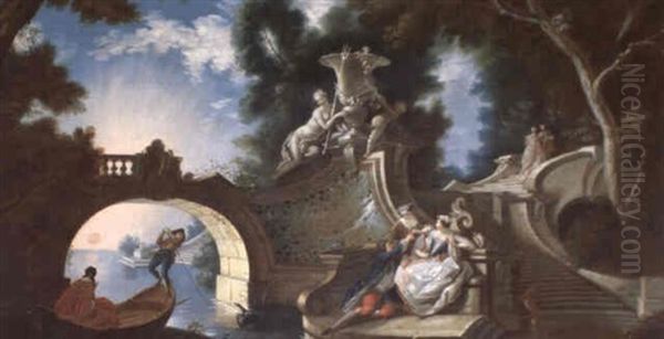 Scene Galante Dans Un Parc Architectural Oil Painting by Jacques de Lajoue