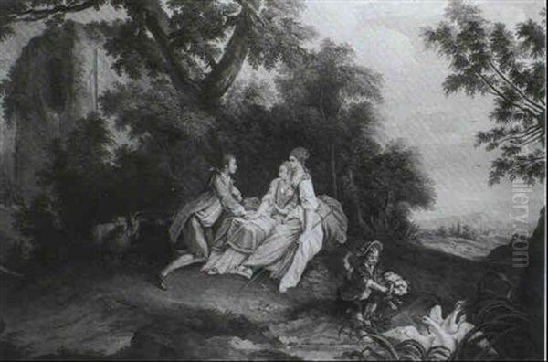 Young Man Kneeling Before Two Ladies Seated Near A Stream Oil Painting by Jacques de Lajoue