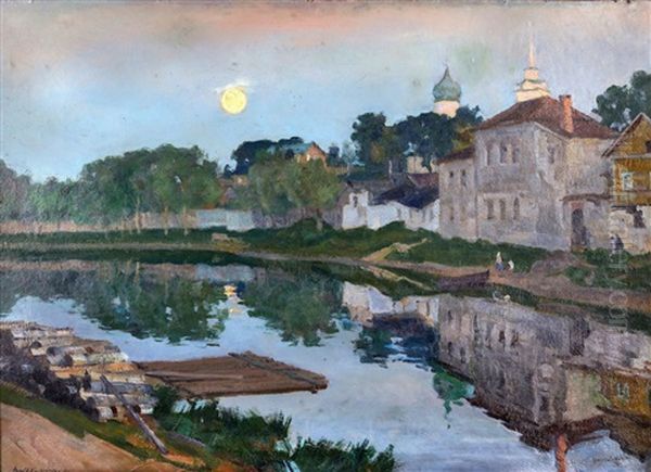 Moonlit Scene Of Pskov On The Velikaya River Oil Painting by Arnold Borisovich Lakhovsky