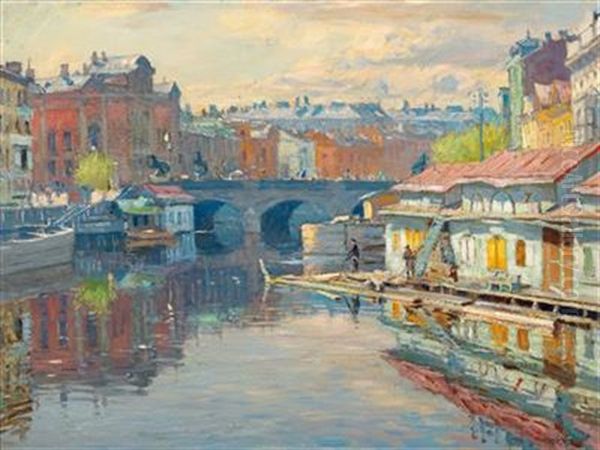 Petrograd. View Of The Anichkov Bridge With The Fontanka River Oil Painting by Arnold Borisovich Lakhovsky