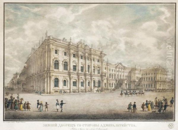 Two Coloured Lithographs Depicting The Winter Palace And Sadovaya Street In St. Petersburgh After Drawings By Sabat And Shiflyar Oil Painting by Karl Petrovich Beggrov