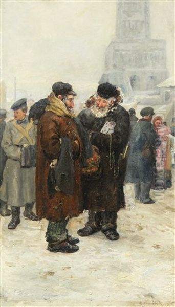 Jewish Peddlers At The Sukharevka (sukharev Tower Flea Market) Oil Painting by Arnold Borisovich Lakhovsky