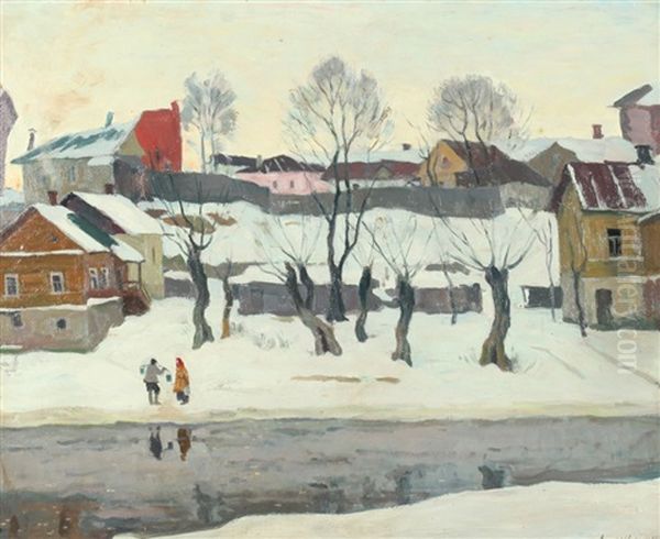 Village Scene In Snow Oil Painting by Arnold Borisovich Lakhovsky