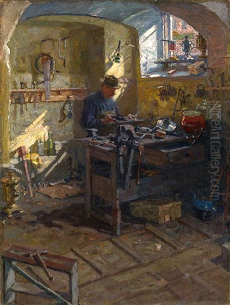 In A Samovar Shop Oil Painting by Arnold Borisovich Lakhovsky