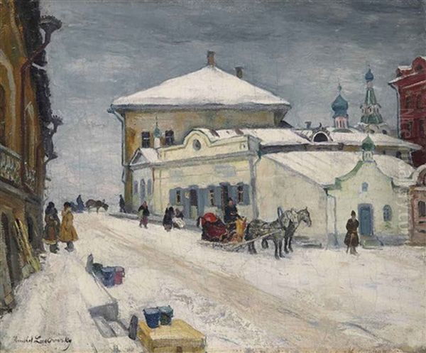 A Snowy Village Oil Painting by Arnold Borisovich Lakhovsky