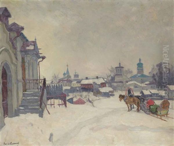 A Snowy Village With Troika Oil Painting by Arnold Borisovich Lakhovsky