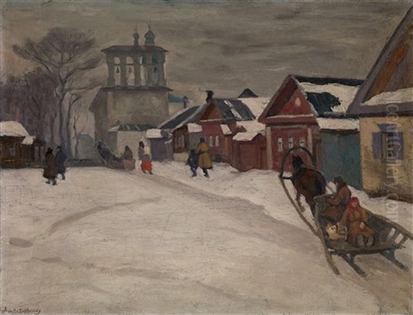 A Street In Winter Oil Painting by Arnold Borisovich Lakhovsky