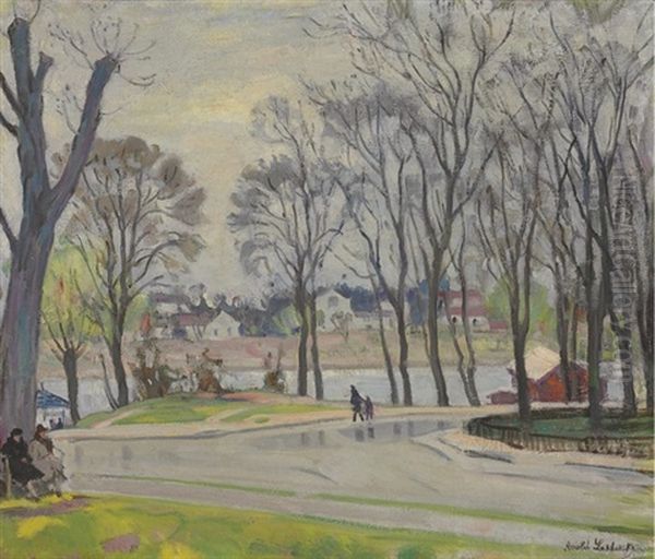 A Riverside Park Oil Painting by Arnold Borisovich Lakhovsky