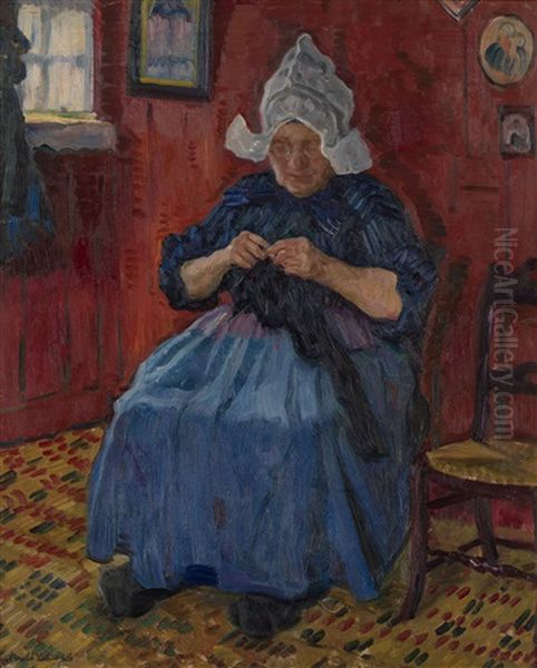 Old Lady Knitting Oil Painting by Arnold Borisovich Lakhovsky