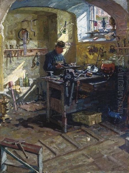 Samovar Workshop Oil Painting by Arnold Borisovich Lakhovsky