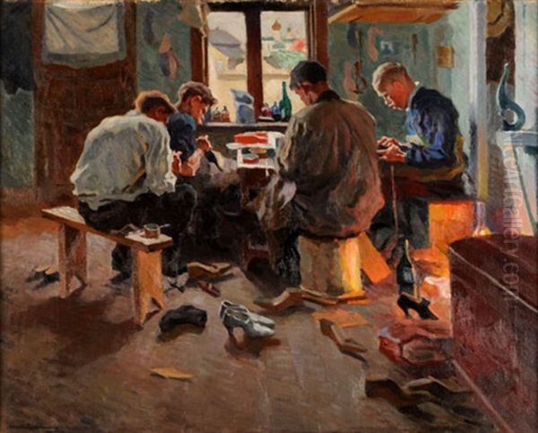 In Der Schusterwerkstatt Oil Painting by Arnold Borisovich Lakhovsky