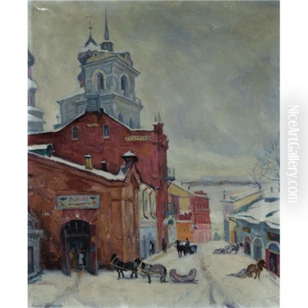 Russian Street In Winter Oil Painting by Arnold Borisovich Lakhovsky