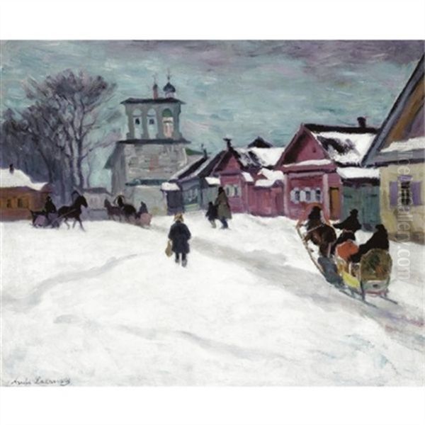 Russian Village In Winter Oil Painting by Arnold Borisovich Lakhovsky