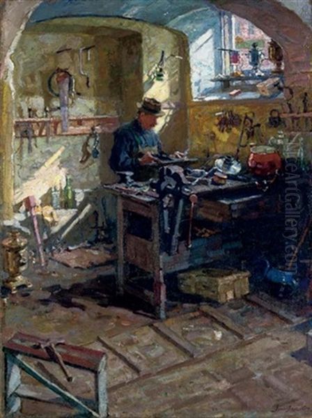 Samovar Workshop Oil Painting by Arnold Borisovich Lakhovsky