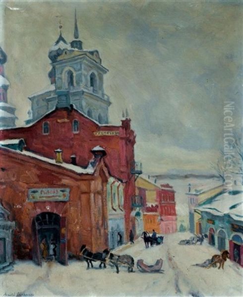 Russian Street In Winter Oil Painting by Arnold Borisovich Lakhovsky