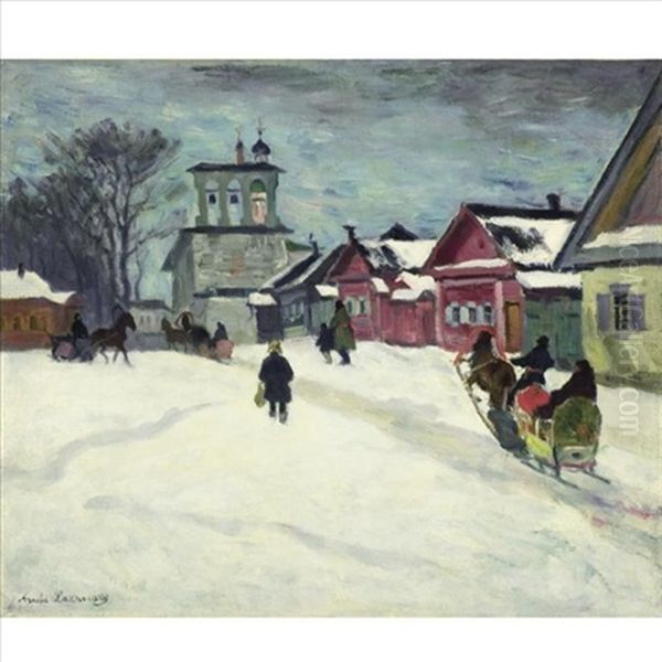 Russian City In The Snow Oil Painting by Arnold Borisovich Lakhovsky