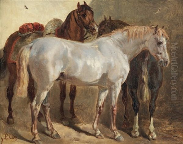 Trois Chevaux A L'ecurie Oil Painting by Francois Hippolyte Lalaisse