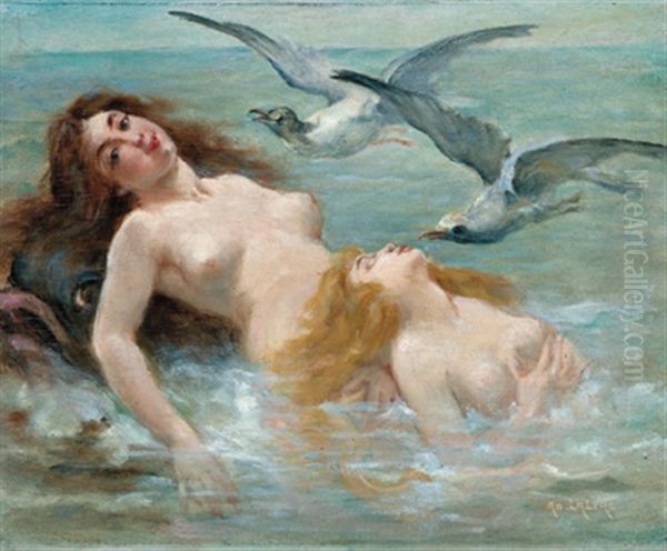 Mit Einem Delphin Und Moven Badende Najaden Oil Painting by Adolphe Lalire