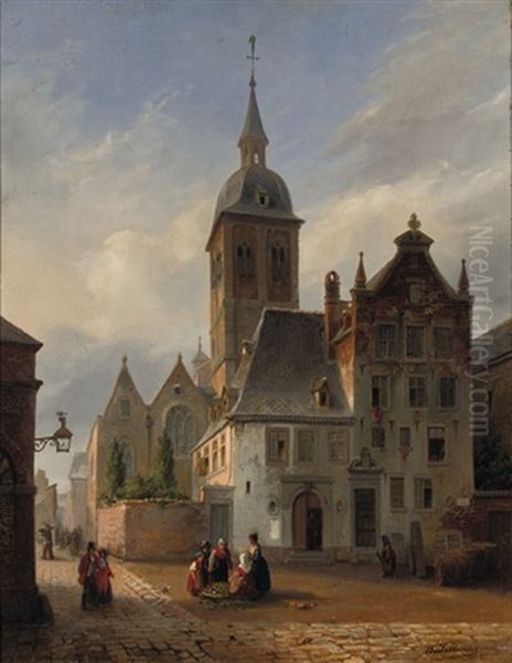 On The Sunlit Church Square Oil Painting by Henry Lallemand