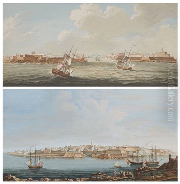 Deux Vues Du Port De Malte Avec Des Voiliers Au Premier Plan Oil Painting by Jean Baptiste Lallemand