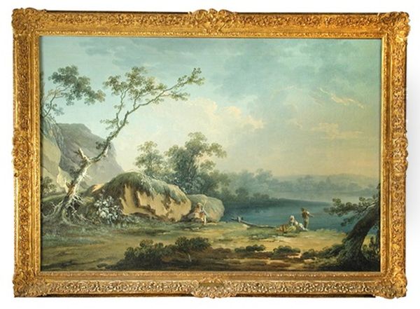 A Pastoral Landscape Near A Lake With Figures Picnicking And Fishing Oil Painting by Jean Baptiste Lallemand