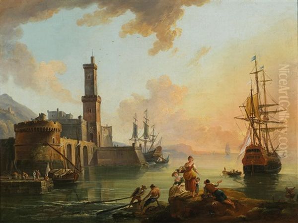 Fishermen And Courtesans In A Mediterranean Port At Sunset; And Fishermen And Oriental Merchants In A Mediterranean Port At Sunrise Oil Painting by Jean Baptiste Lallemand