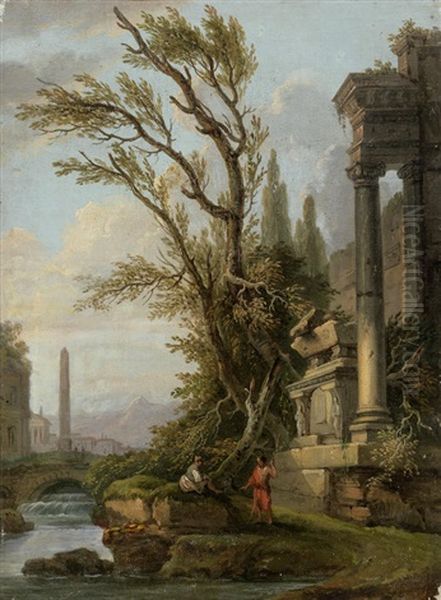 A River Landscape With Figures On The Banks Before Architectural Ruins, A Waterfall Beyond Oil Painting by Jean Baptiste Lallemand