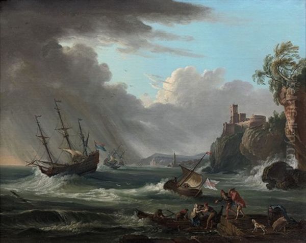 Debarcadere Sur Une Cote Rocheuse Par Mer Agitee Oil Painting by Jean Baptiste Lallemand