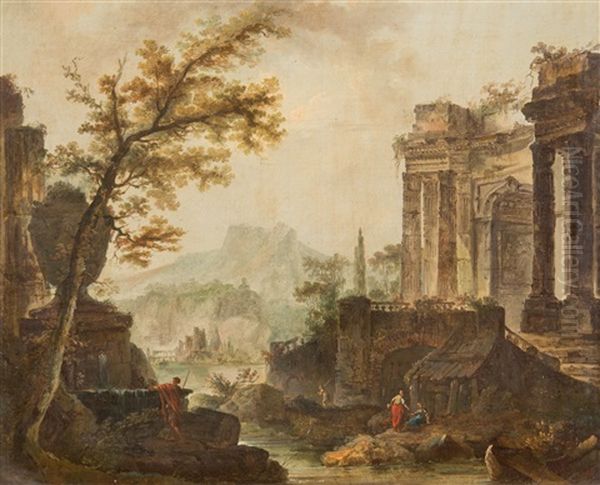 Paysage De Ruines Antiques Oil Painting by Jean Baptiste Lallemand