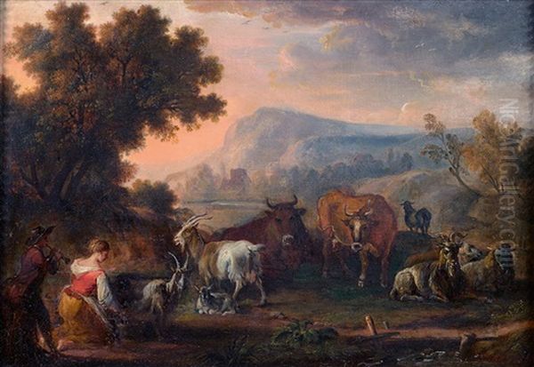 Bergers Et Leur Troupeau Oil Painting by Jean Baptiste Lallemand