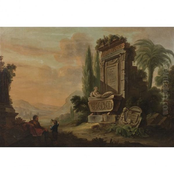 Jeune Garcon Avec Un Vieillard Pres D'une Fontaine by Jean Baptiste Lallemand