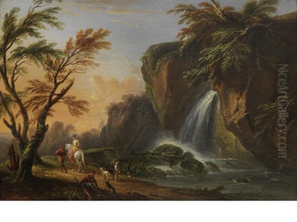 Elegant Figures Before A Waterfall (+ A Drover And His Flock On A Riverside Path With Lightning Striking A Building In The Distance; Pair) Oil Painting by Jean Baptiste Lallemand