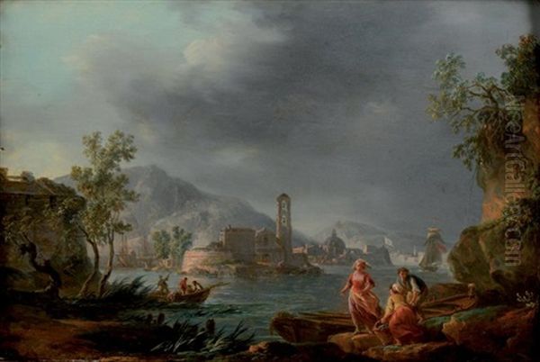 Vue D'un Village Sur La Mer Avec Des Pecheurs Oil Painting by Jean Baptiste Lallemand