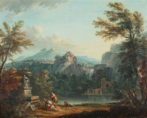 Paysage Arcadien A La Riviere Avec Des Promeneurs Au Pied D'un Tombeau Oil Painting by Jean Baptiste Lallemand