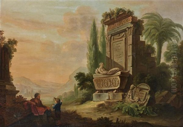 Jeune Garcon Avec Un Vieillard Pres D'une Fontaine Oil Painting by Jean Baptiste Lallemand