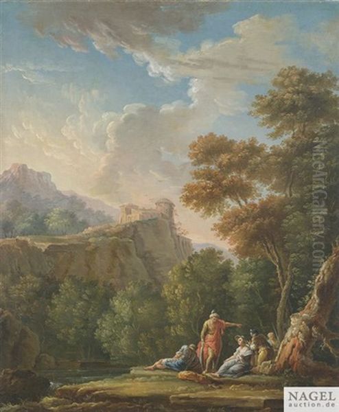 Abendliche Landschaft Mit Groser Klosteranlage Auf Einem Berg. Im Vordergrund Rastende Reisende Unter Einem Baum Oil Painting by Jean Baptiste Lallemand