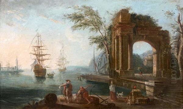 Un Port Au Soleil Couchant Oil Painting by Jean Baptiste Lallemand