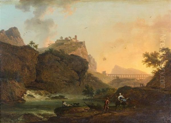 Le Matin: Une Halte De Paysans Et De Pecheurs Dans Un Paysage De Riviere (after Joseph Vernet) (+ 3 Others; 4 Works) Oil Painting by Jean Baptiste Lallemand