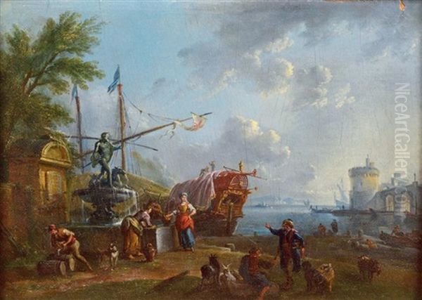 Personnages Pres D'une Fontaine Dans Un Port Mediterraneen Oil Painting by Jean Baptiste Lallemand