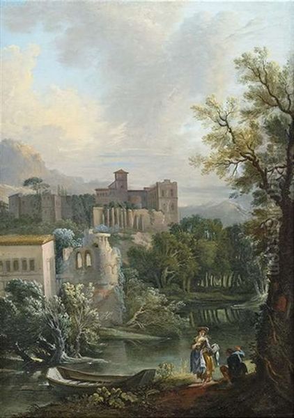 Sommerliche Flusslandschaft Mit Galanter Figurenstaffage Und Aufragender Klosteranlage Auf Einer Anhohe Oil Painting by Jean Baptiste Lallemand