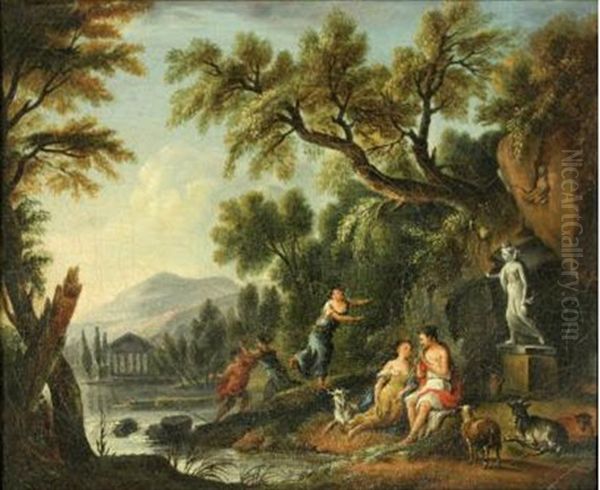 Bergere Et Berger Jouant De La Flute Au Bord D'une Riviere Oil Painting by Jean Baptiste Lallemand