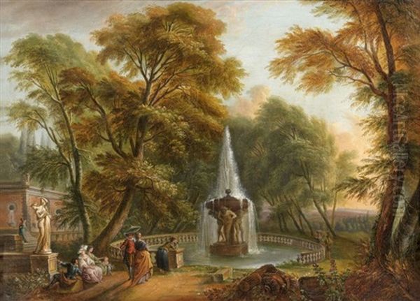 Elegante Compagnie Autour D'une Fontaine Oil Painting by Jean Baptiste Lallemand