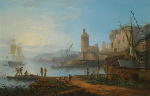 A Mediterranean Sea Port Oil Painting by Jean Baptiste Lallemand